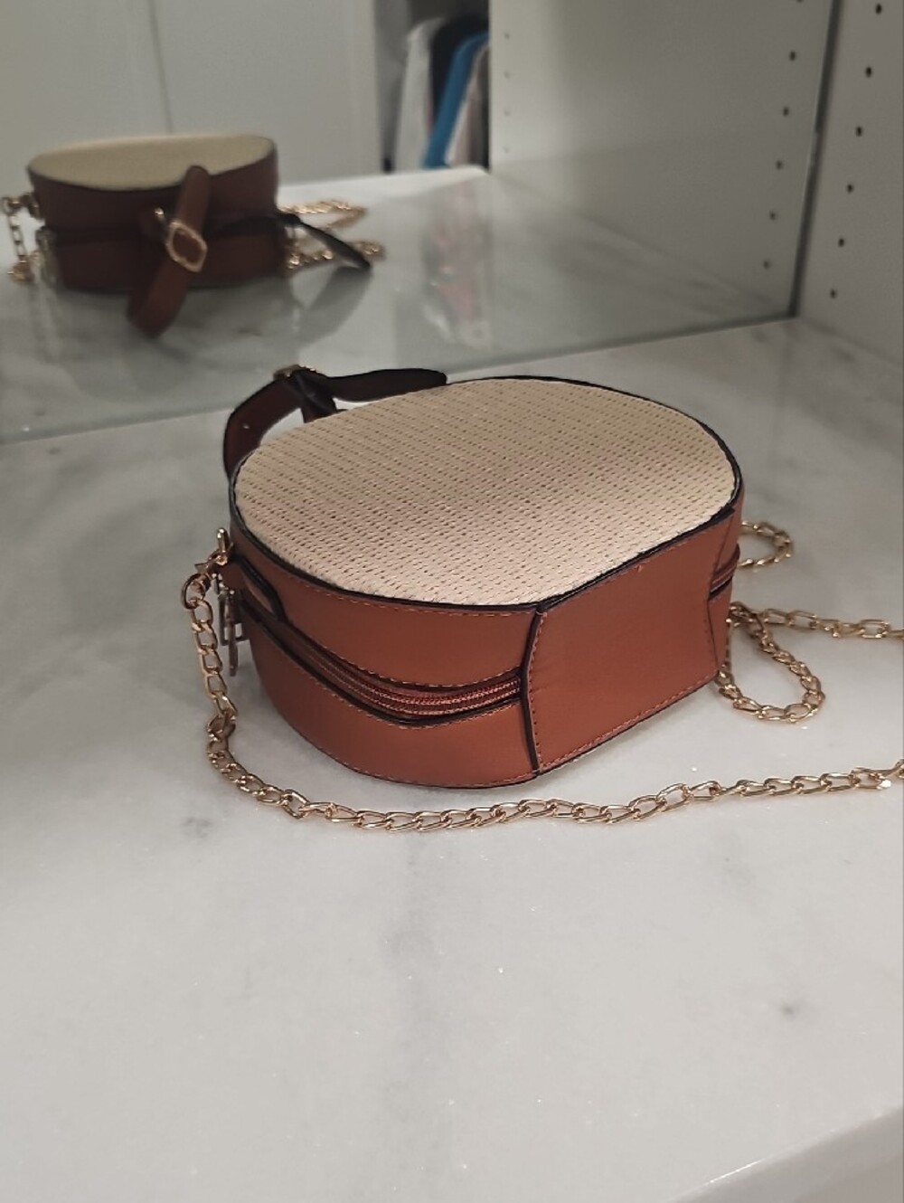 Round Woven Crossbody Bag - Beige and Brown - Picture 5 of 5